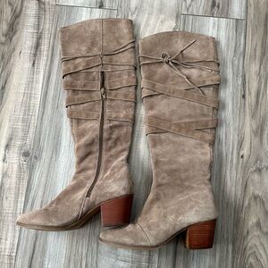 Sole/Society Antoinette Tall Cow Suede Heeled Boots with Strap Details Taupe 7.5